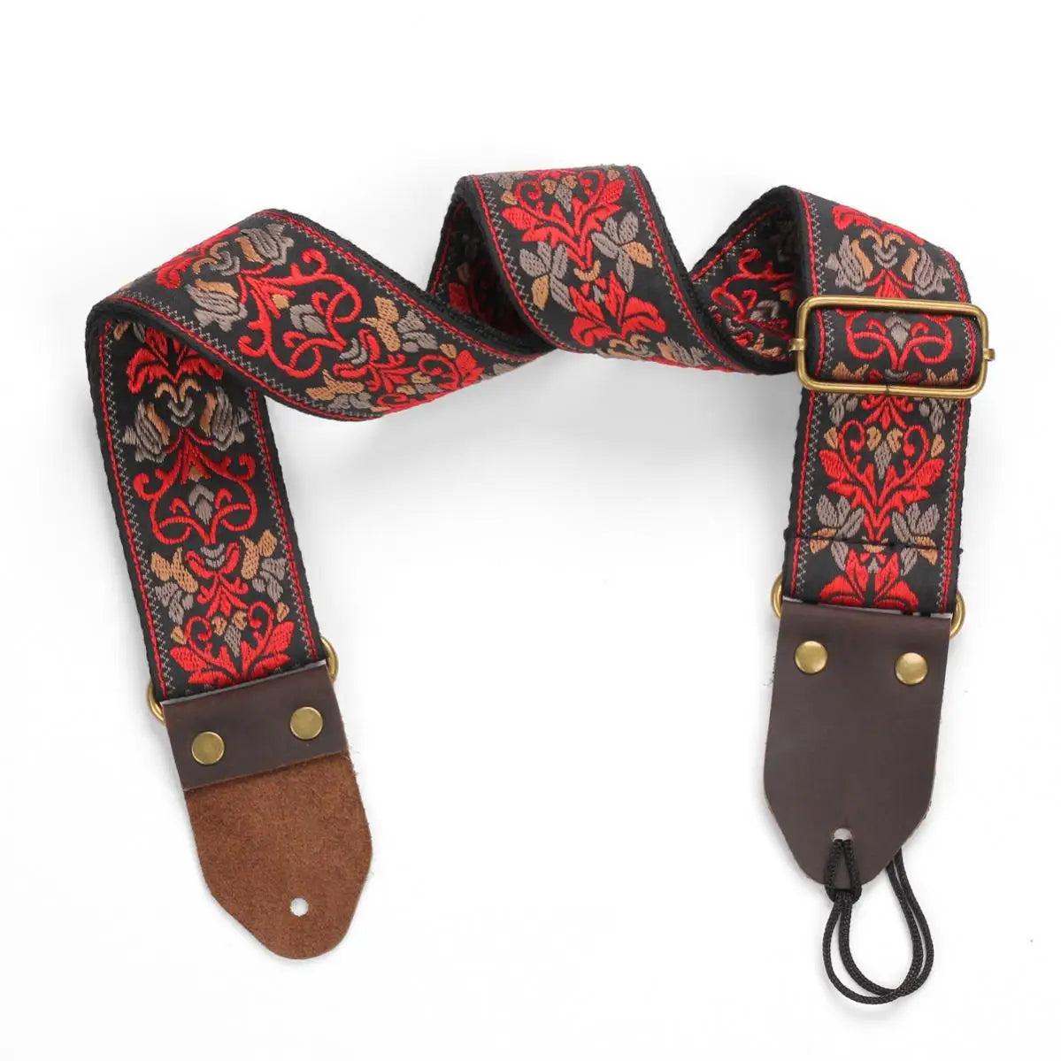 Vintage Flowers Guitar Strap Genuine Leather Head Stripes Bohemia Style Woven Embroidery Fabrics