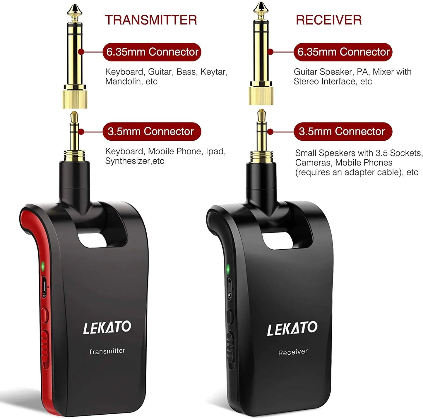Lekato Wireless Guitar Transmitter Ws-60 Guitar Wireless Receiver 2.4Ghz Electric Musical Instruments 2 In 1 Plugs 6 Channels