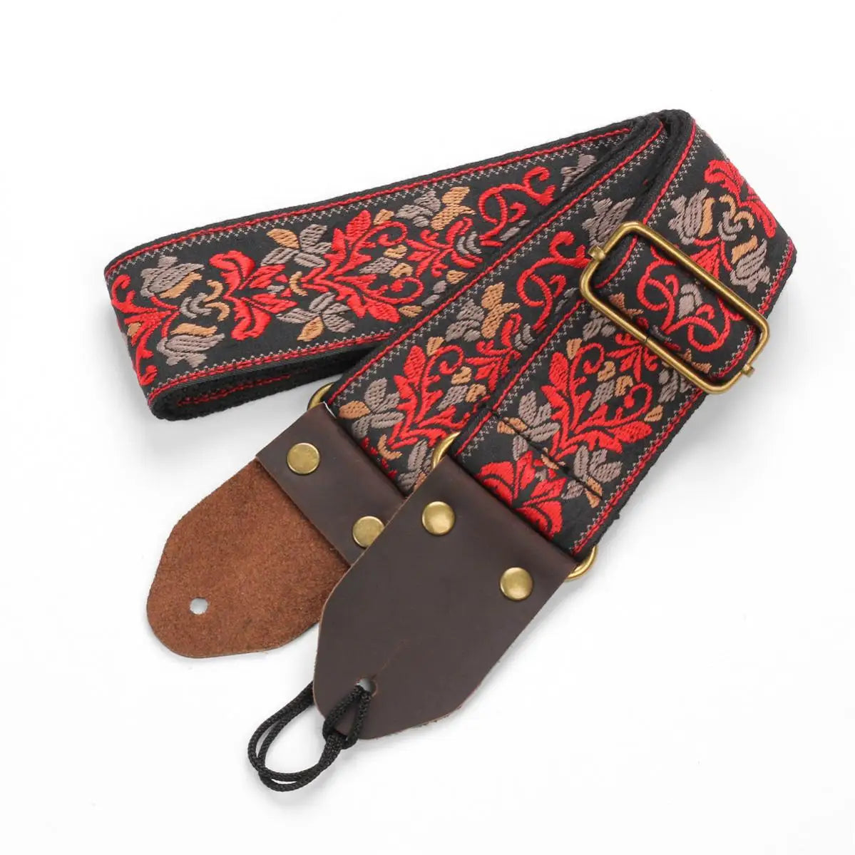 Vintage Flowers Guitar Strap Genuine Leather Head Stripes Bohemia Style Woven Embroidery Fabrics