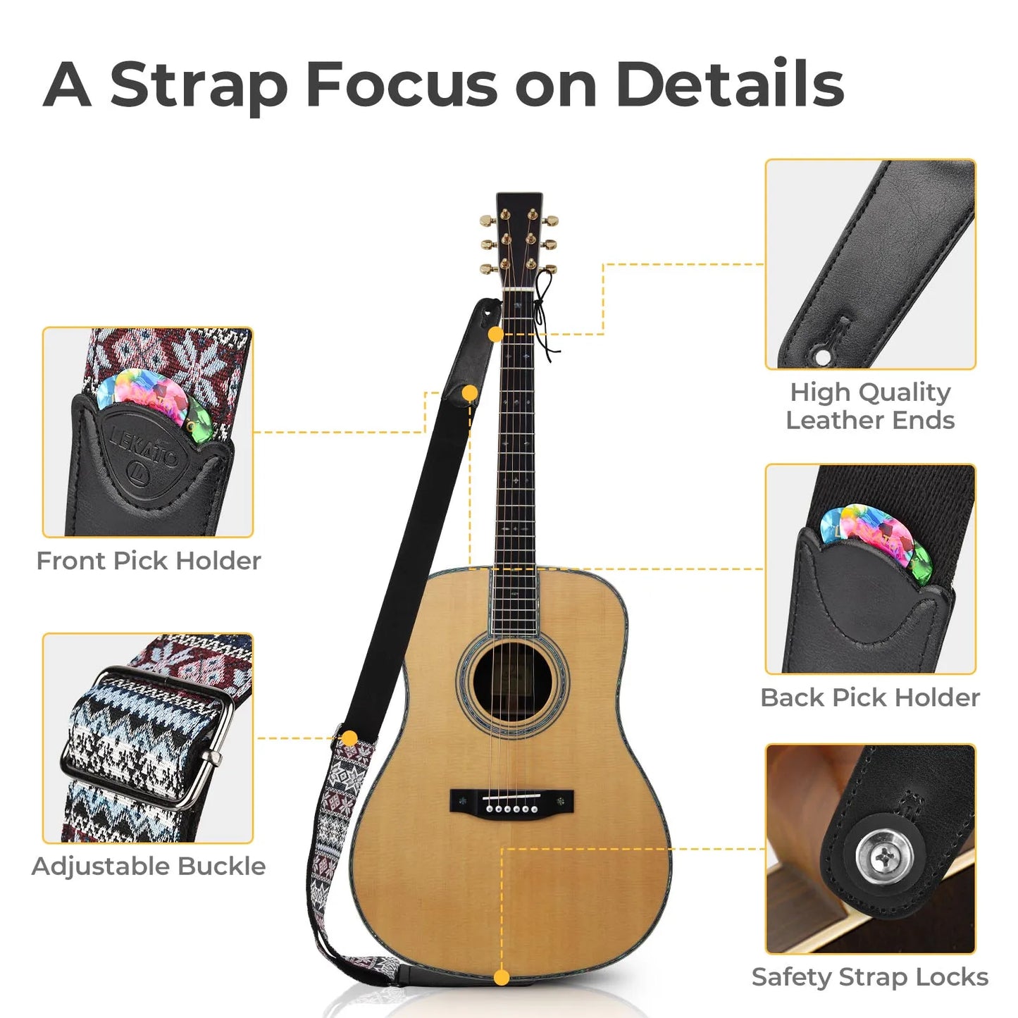 MiniGuitar Guitar Parts - Guitar Strap Holder Belt LGS-3 with 6 Picks