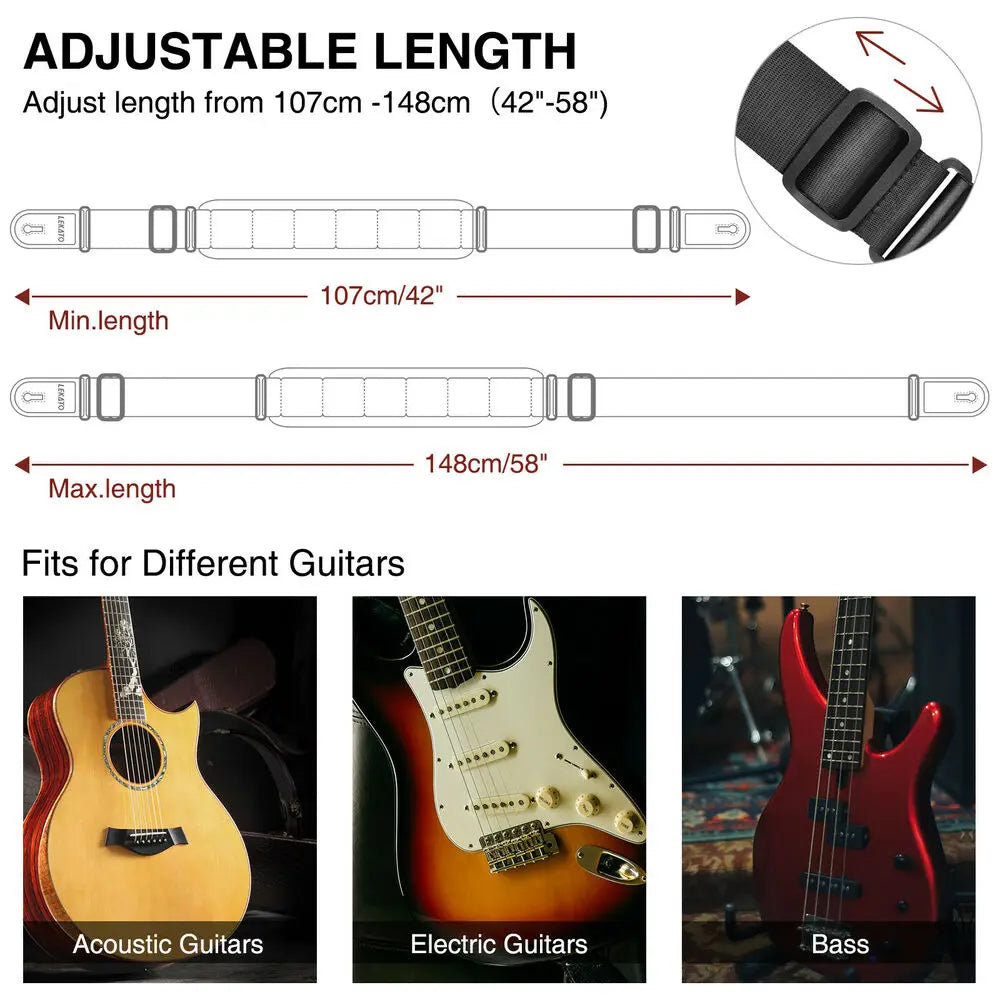 LEKATO Adjustable 42-58" Bass Guitar Strap Holder Belt w/ 3" Soft Sponge Padded or Effective Decompression Padded Guitar Strap