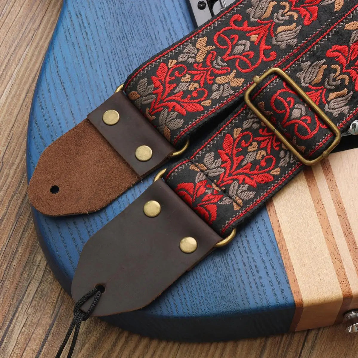 Vintage Flowers Guitar Strap Genuine Leather Head Stripes Bohemia Style Woven Embroidery Fabrics