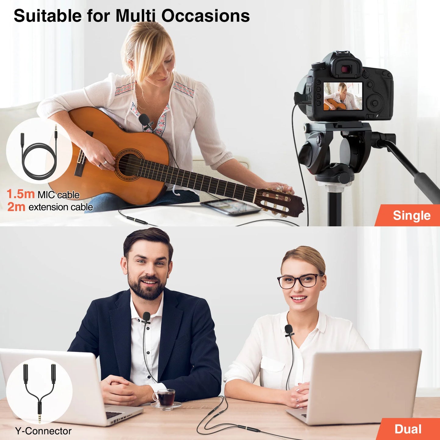 2 Pack Recording Microfone Lavalier Lapel Microphone Bundle Lapel Mic Microphone Video Mic for Video Live Youtube Video Record