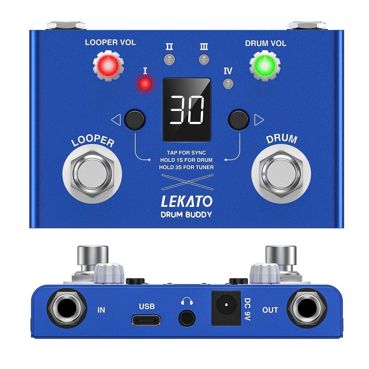 LEKATO Drum Looper Pedal with Tuner 30 Drums 4 Loops of Total 11 Minutes Recording Time Drum Machine with Loop