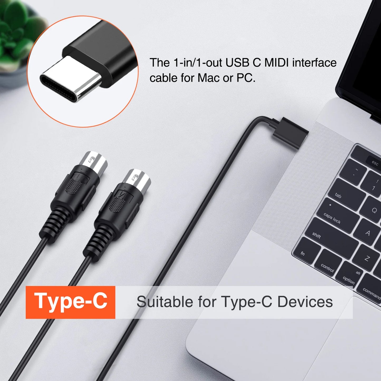 Lekato Midi To Usb C Type C Cable Usb Midi Converter with Indicator Light for Music Keyboard Piano Pc Lapt Interface 6.5Ft