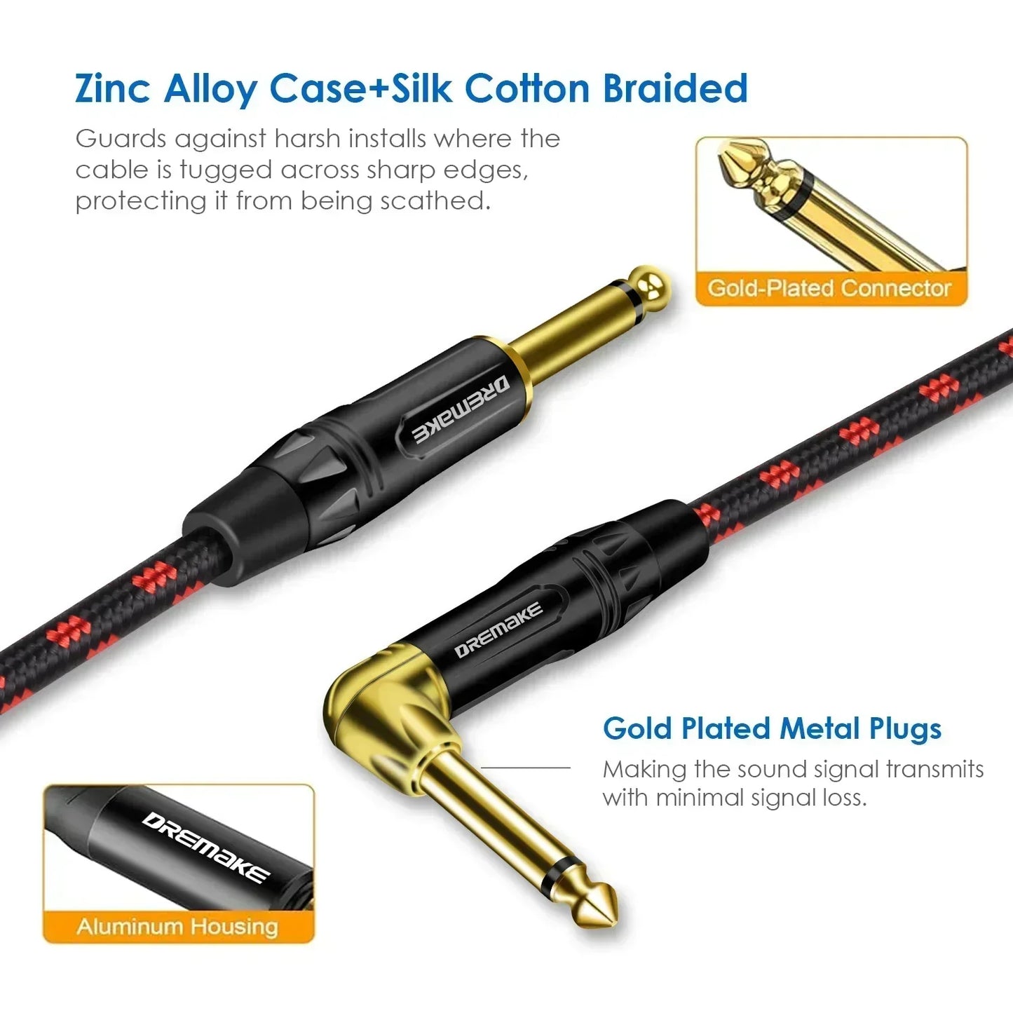 MiniGuitarBR Guitar Parts - Jack 6.35 mm Mono Cable Gold Plated Guitar Cable Male to Male Cotton Braided Instrument Cable for Guitar Bass keyboard