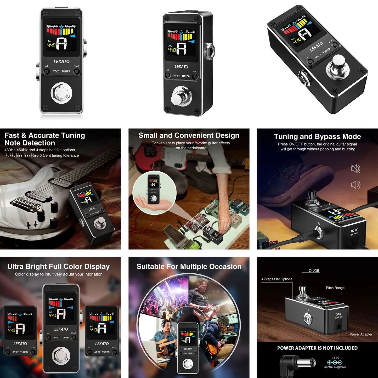 Lekato At-07 Tuner Pitch Guitar Effect Pedal Chromatic Tuning True Bypass 9V for Guitar Bass Violin Ukulele True Bypass