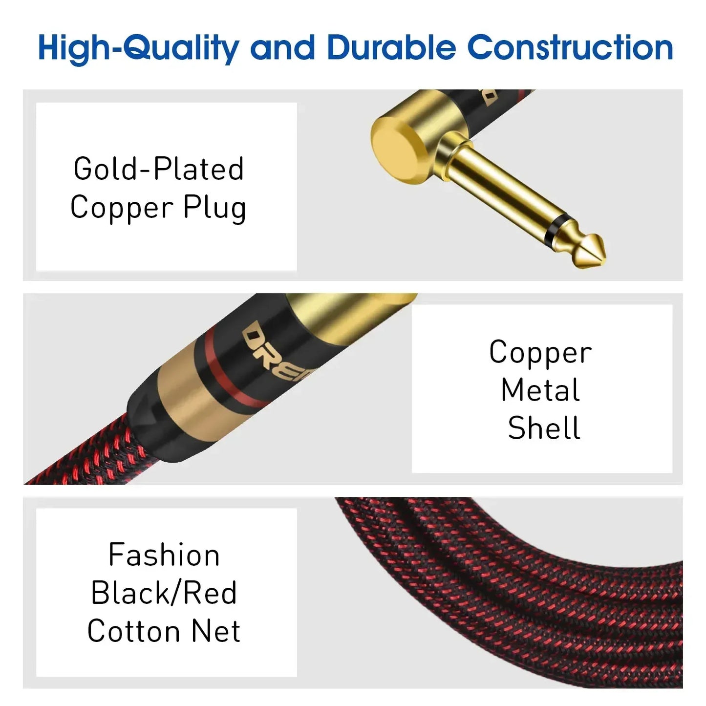 MiniGuitarBR Guitar Parts - Premium 6.5mm to 6.5mm Guitar Audio Cable Mono 6.35mm Quarter Inch Male to Male Instrument Patch Cord for Bass E-Piano