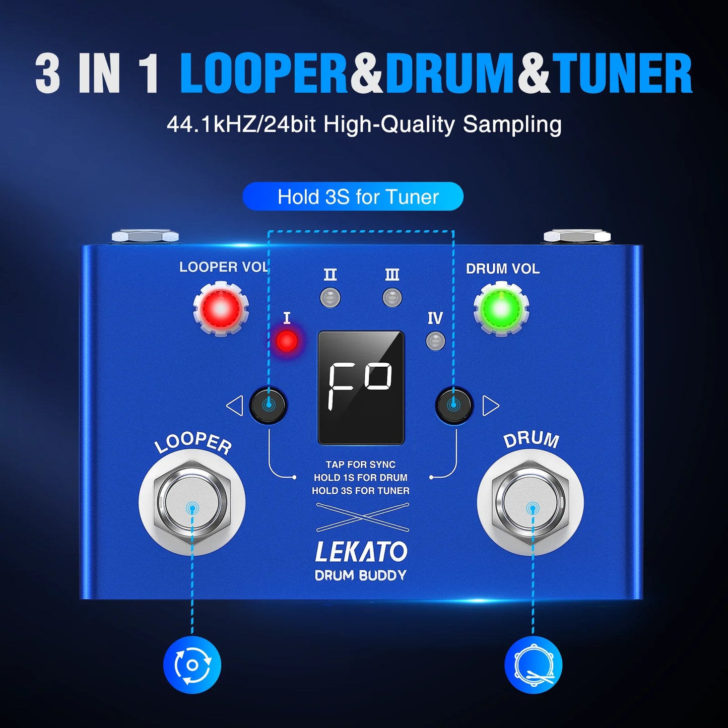 LEKATO Drum Looper Pedal with Tuner 30 Drums 4 Loops of Total 11 Minutes Recording Time Drum Machine with Loop