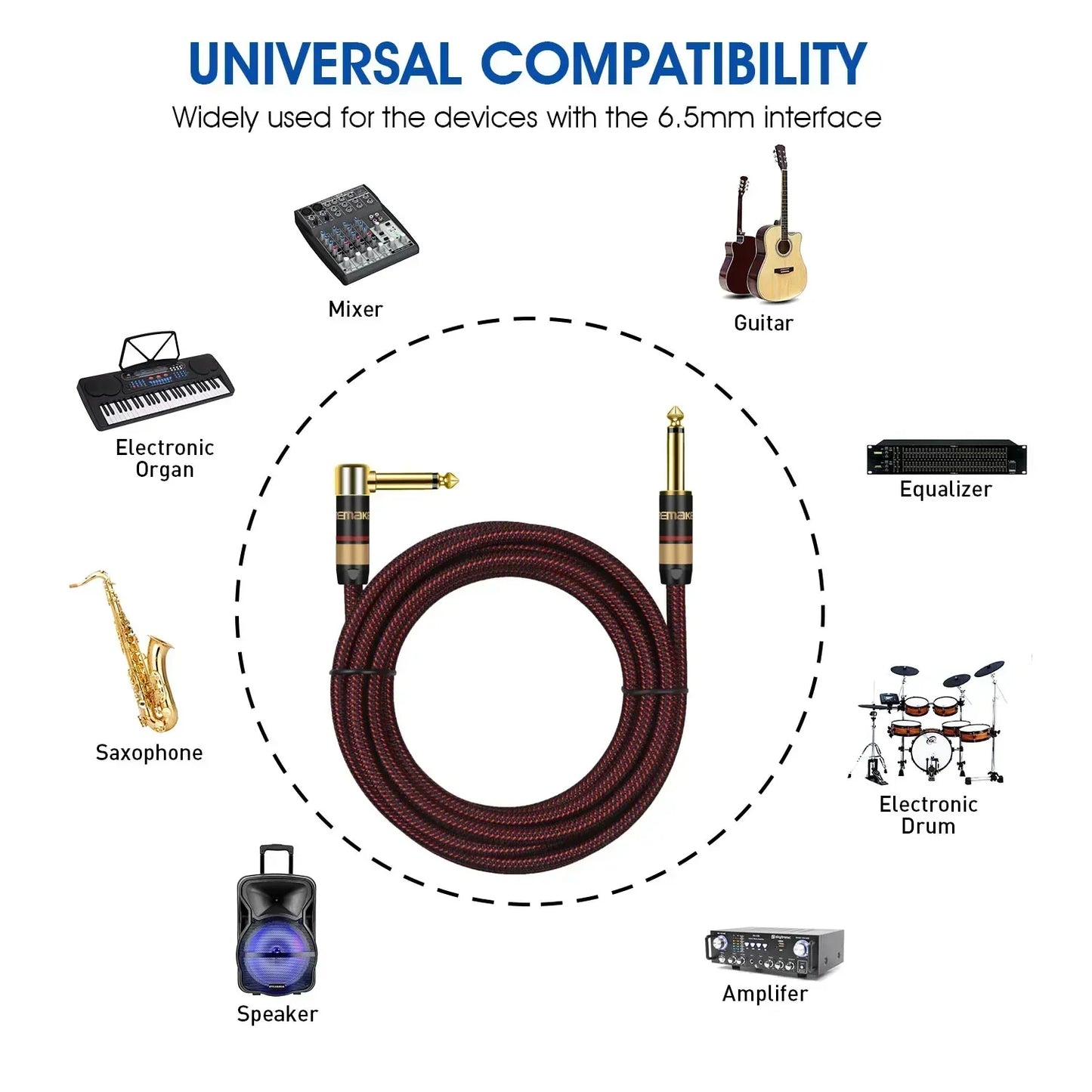 MiniGuitarBR Guitar Parts - Premium 6.5mm to 6.5mm Guitar Audio Cable Mono 6.35mm Quarter Inch Male to Male Instrument Patch Cord for Bass E-Piano
