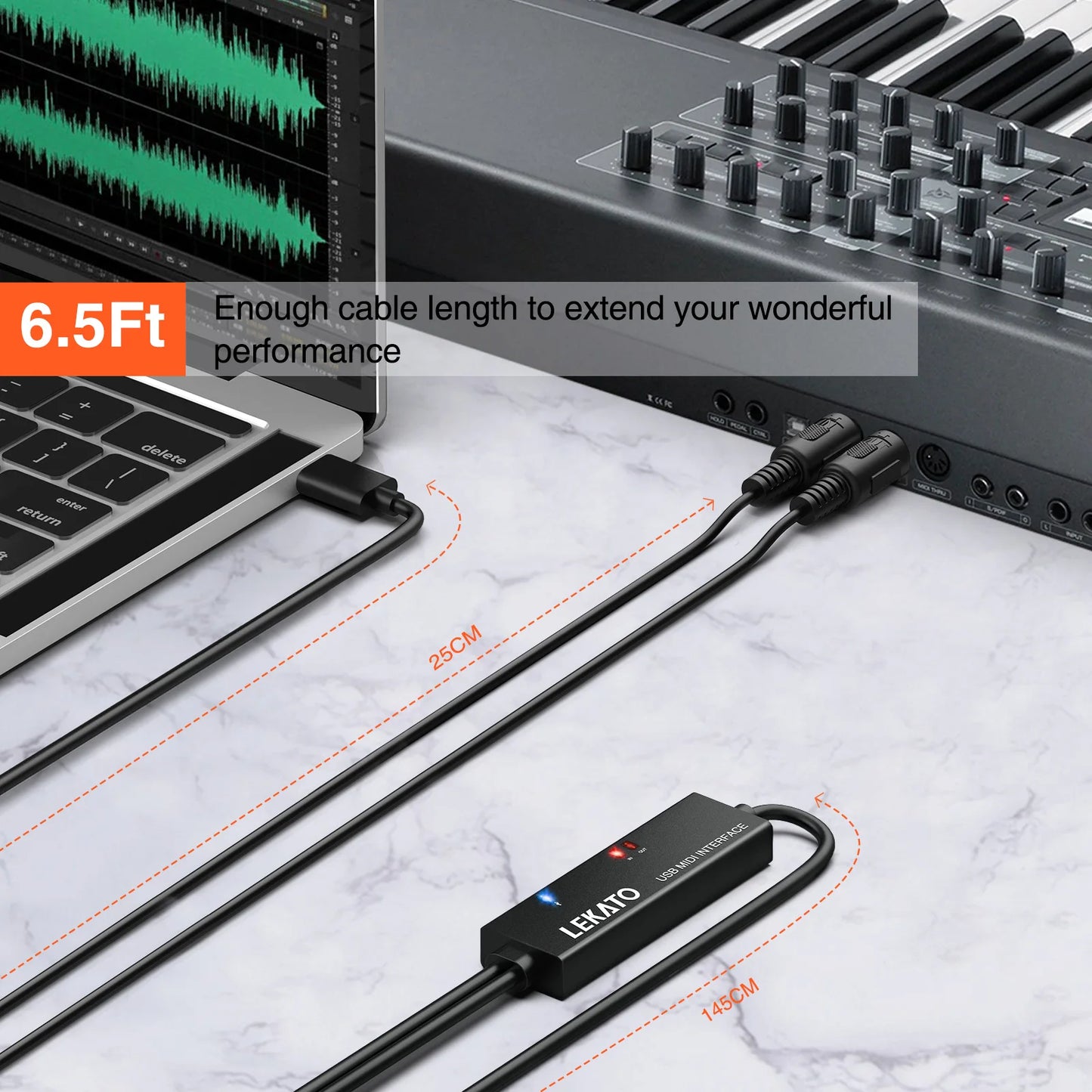 Lekato Midi To Usb C Type C Cable Usb Midi Converter with Indicator Light for Music Keyboard Piano Pc Lapt Interface 6.5Ft