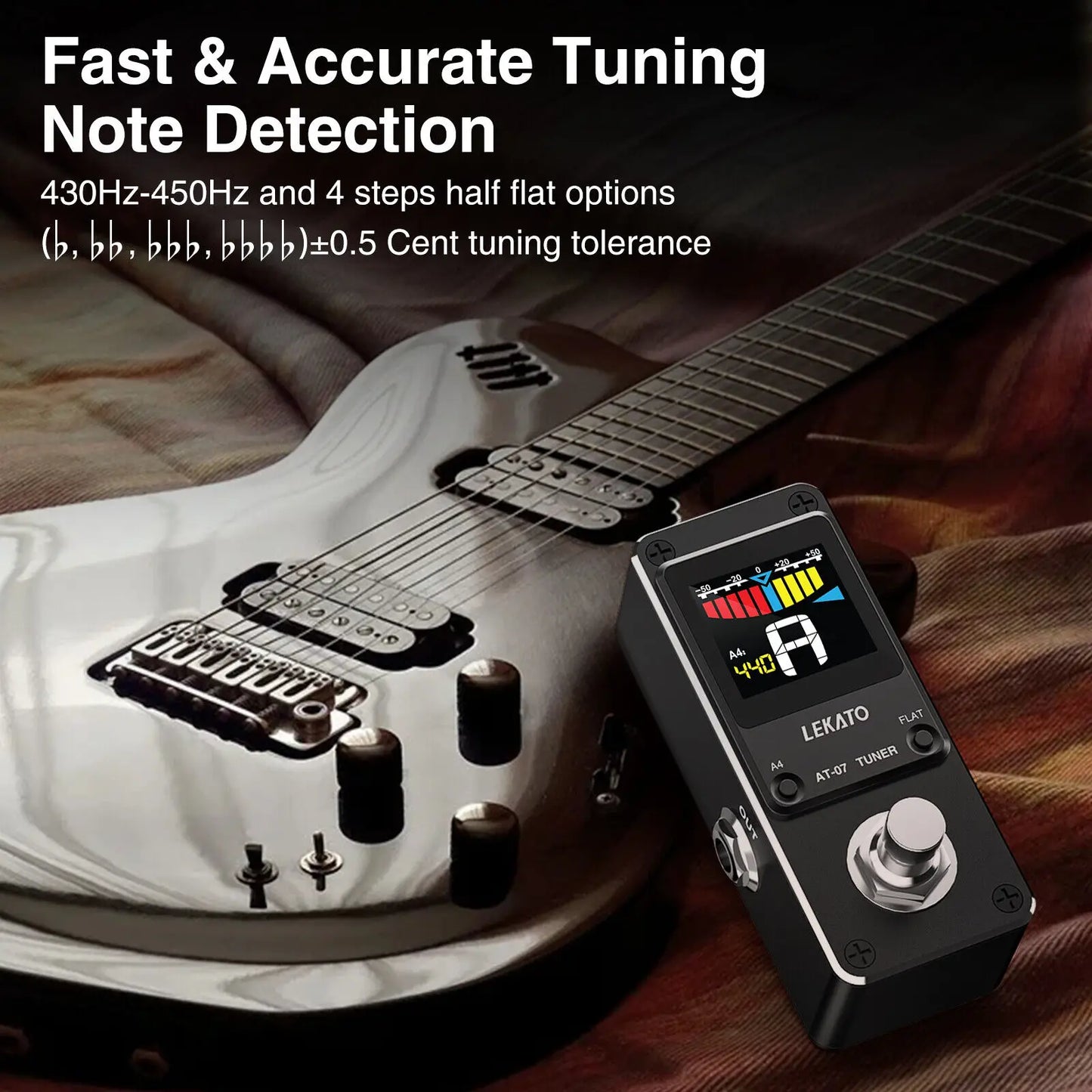 Lekato At-07 Tuner Pitch Guitar Effect Pedal Chromatic Tuning True Bypass 9V for Guitar Bass Violin Ukulele True Bypass