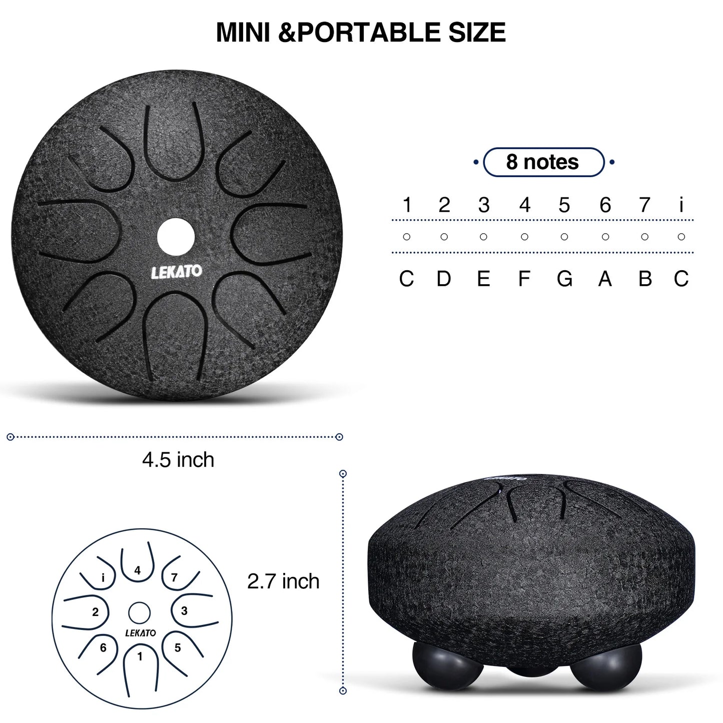 Steel Tongue Drum 4.5 Inch 8 Notes LEKATO Steel Alloy Drum Major Beginner Drum Percussion for Musical Education Zen Meditation