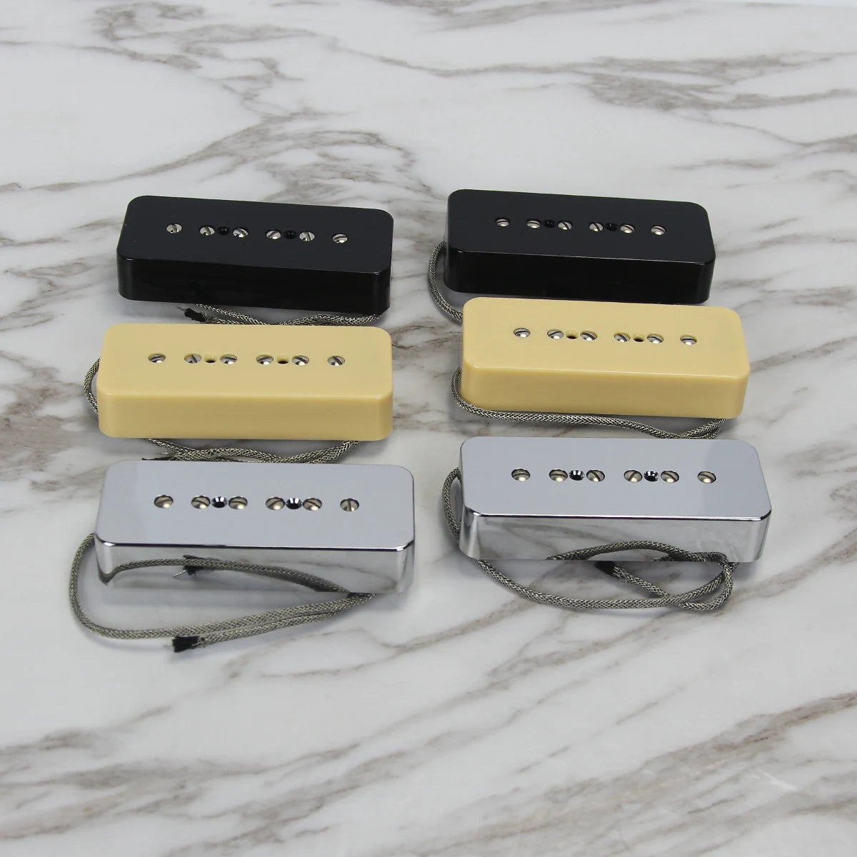 MiniGuitarBR Guitar Parts - Set of Vintage Alnico 5 Soapbar P90 P 90 Pickup Guitar Neck & Bridge Pickups, Chrome/Black/Yellow Option