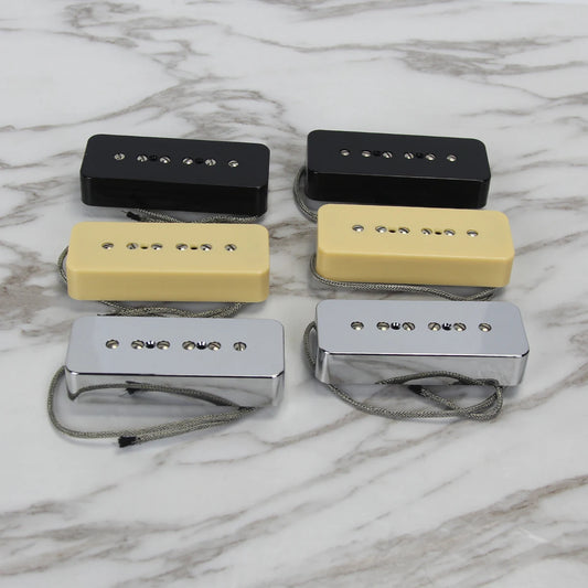 MiniGuitarBR Guitar Parts - Set of Vintage Alnico 5 Soapbar P90 P 90 Pickup Guitar Neck & Bridge Pickups, Chrome/Black/Yellow Option