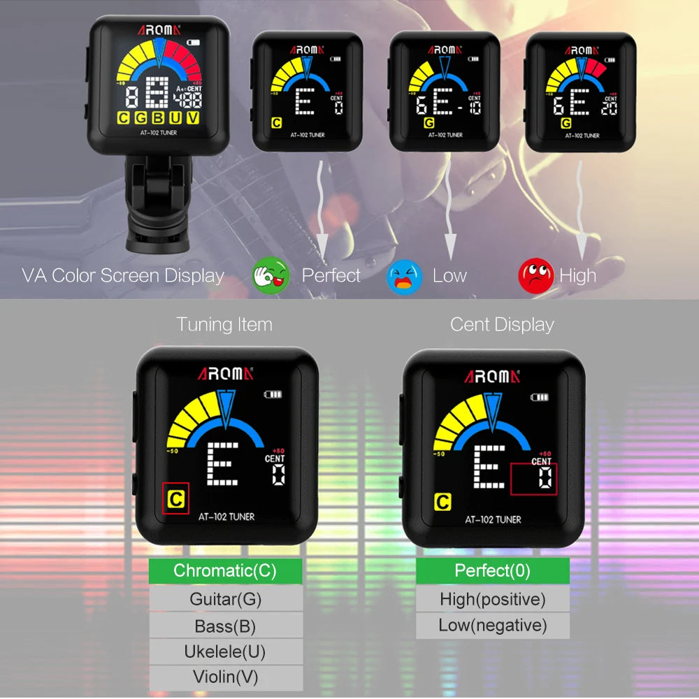 MiniGuitarBR Guitar Parts - AT-102 Rechargeable Clip-on Guitar Tuner Color Screen with Built-in Battery USB Cable for Chromatic Guitar Bass Ukulel