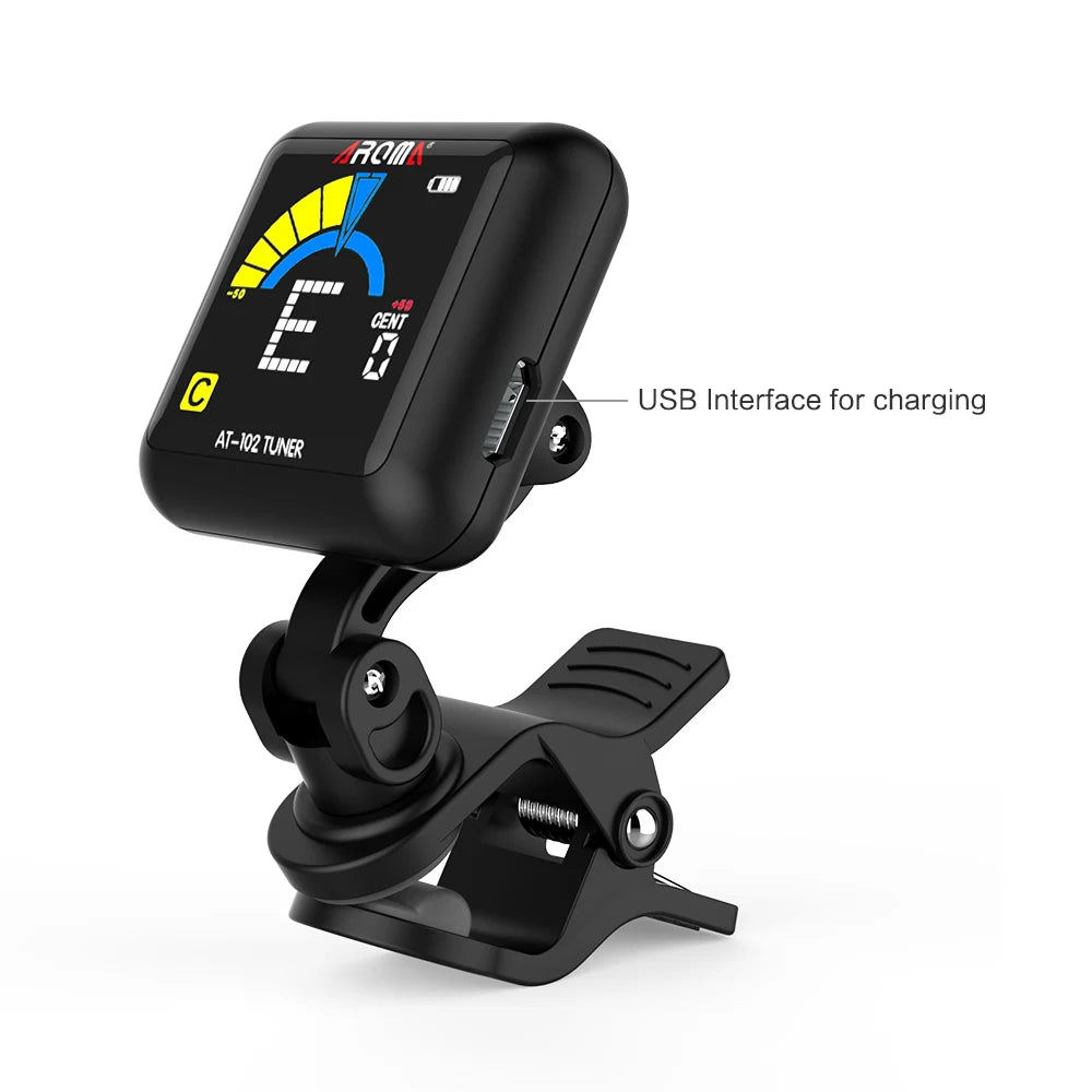 MiniGuitarBR Guitar Parts - AT-102 Rechargeable Clip-on Guitar Tuner Color Screen with Built-in Battery USB Cable for Chromatic Guitar Bass Ukulel
