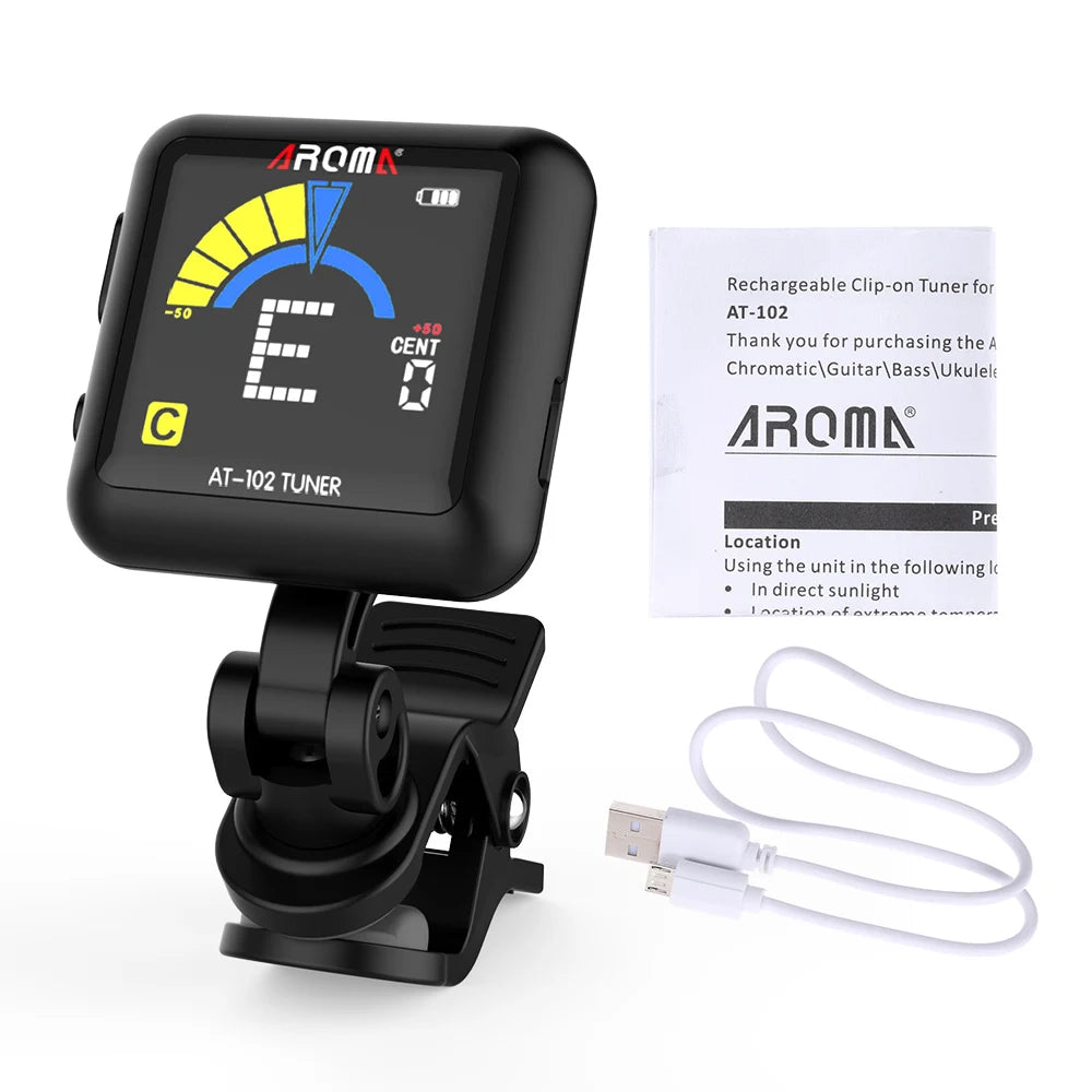 MiniGuitarBR Guitar Parts - AT-102 Rechargeable Clip-on Guitar Tuner Color Screen with Built-in Battery USB Cable for Chromatic Guitar Bass Ukulel