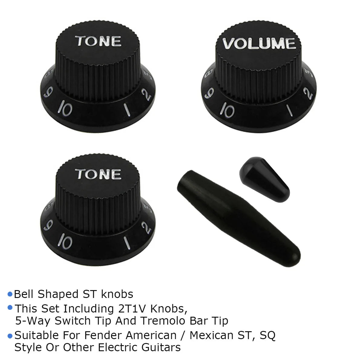 MiniGuitarGuitar Parts - Set of Black 2T1V Tone Volume Knob 5-Way Switch Tip Whammy Bar Tip for ST Electric Guitar