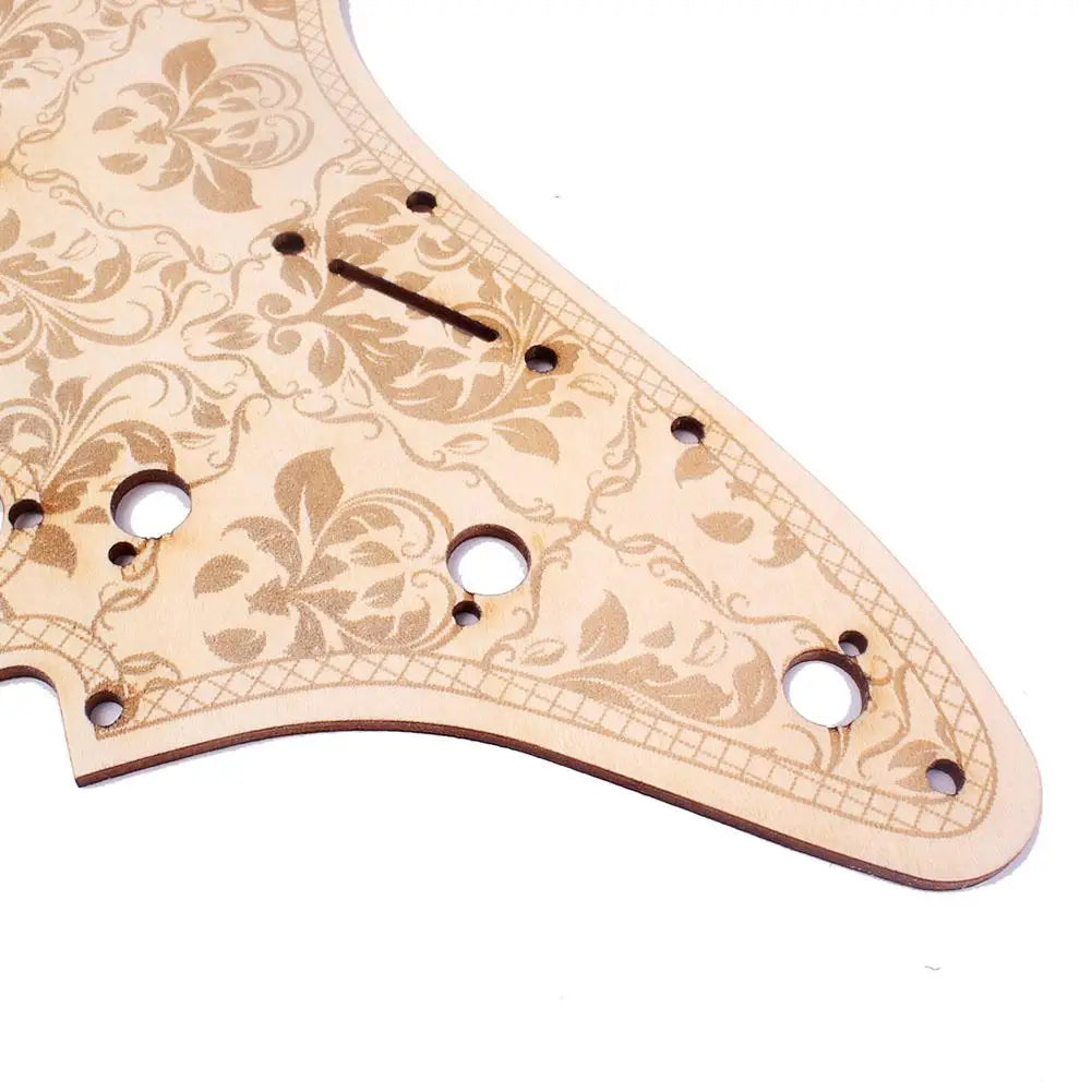 MiniGuitarBR - 11 Hole Maple Carving Pickguard Scratchplate Floral Style ST SSS Guitar Pickguard for Strat Wooden Scrach Plate for Stratocaster
